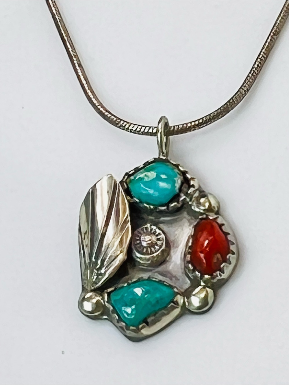 Native American Sterling Silver Turquoise & Coral Pendant Necklace SIGNED
